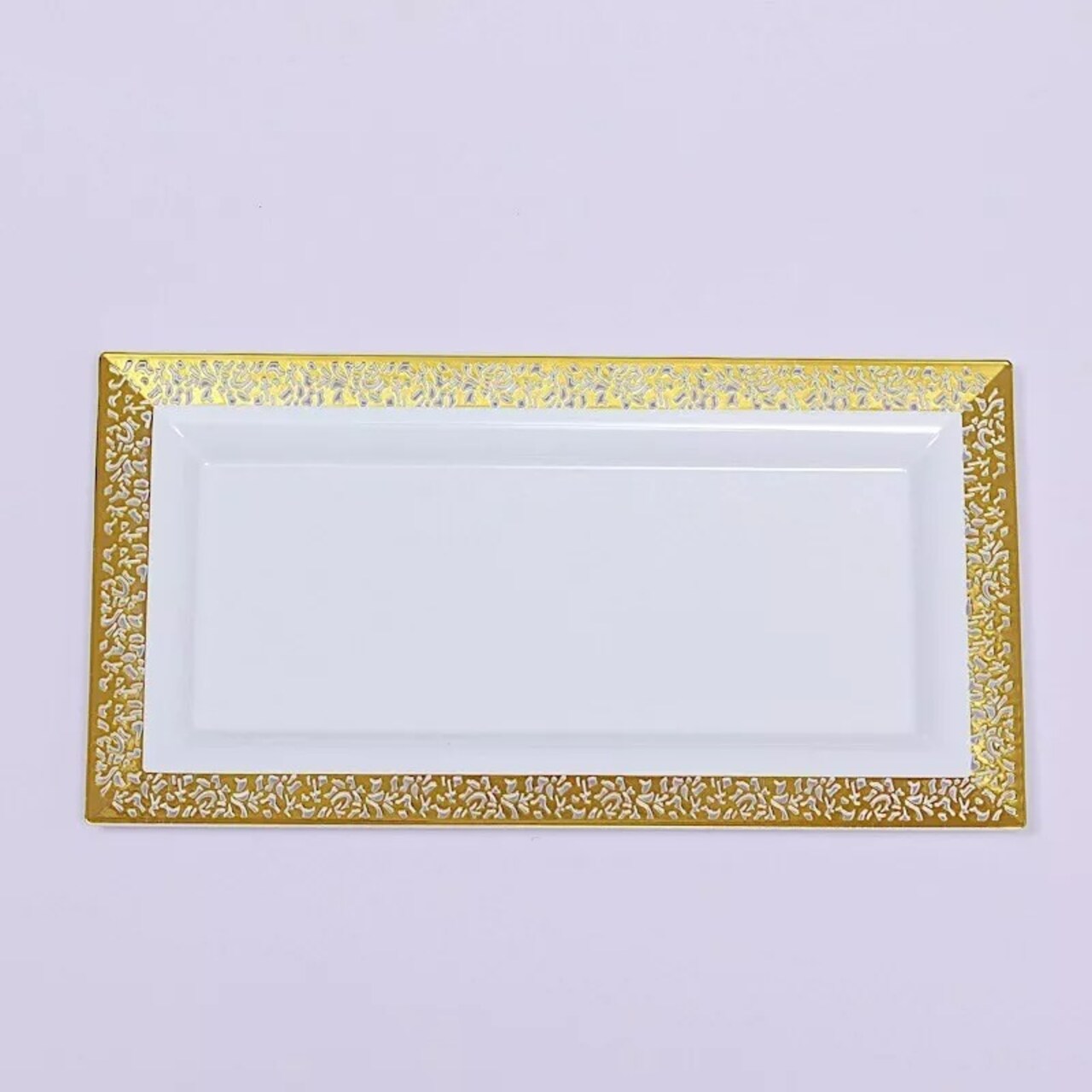4 White 14" Rectangle Serving Trays with Metallic Gold Lace Design Party Events